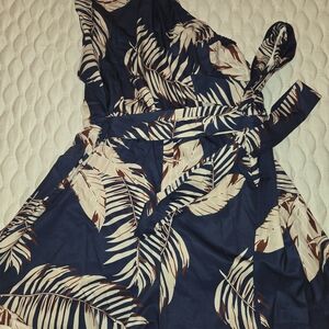 Shein Curve One Shoulder Navy Off White & Brown Leaf Print Romper Size 2xl